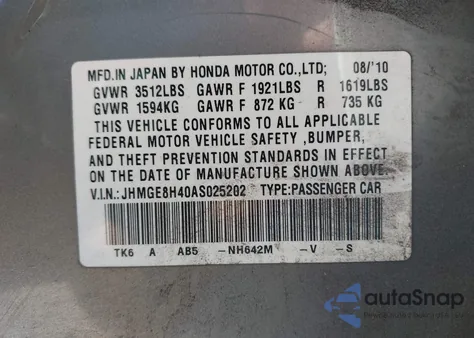 2010 Honda Fit Sport z USA, uszkodzony, nr VIN JHMGE8H40AS025202